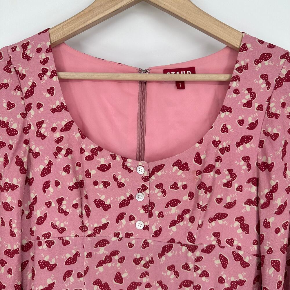STAUD Lara Mushroom Print Midi Dress Scoop Neck Balloon Sleeve Ruffle Novelty - Picture 8 of 14
